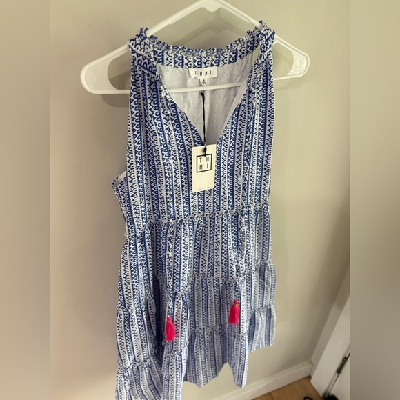 THML Geometric Tiered Ruffle Tassel Dress - Blue/White - Size Small - NWT - Picture 7 of 12